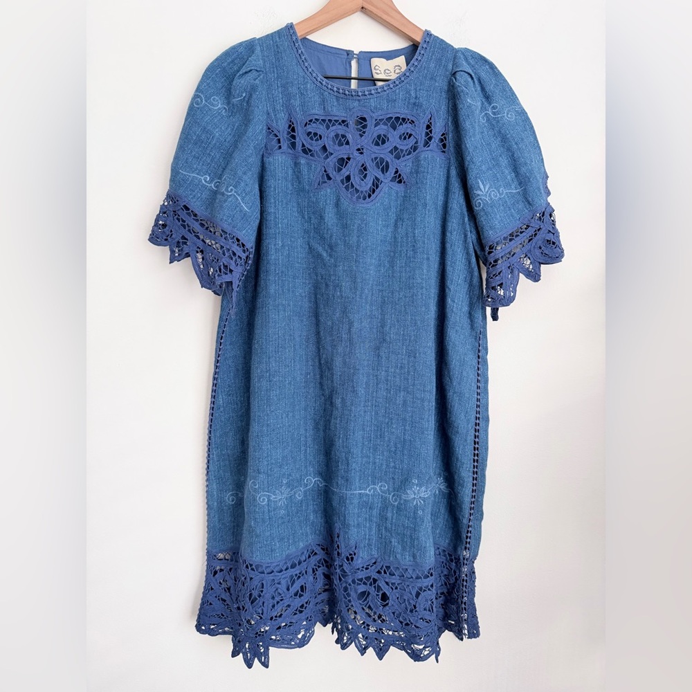 SEA NY Linen Dress Battenberg chambray blue eyelet floral embroidery 8